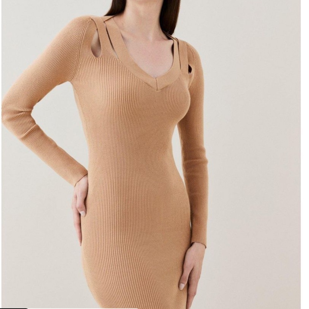 KAREN MILLEN Cut Out V Neck Rib Knit Pencil Mini Dress